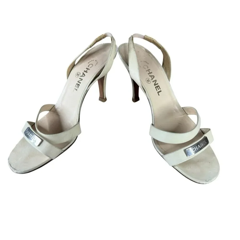 Chanel Ivory Leather Slingback Heels Logo Strap Sandals EU 39 US 8.5